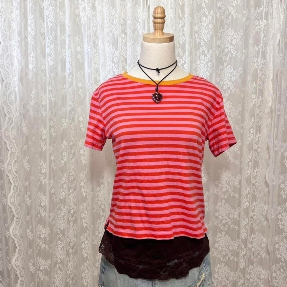 Free‎ Assembly Pink Striped Shirt Womens Small Short Sleeve Preppy Minimalist